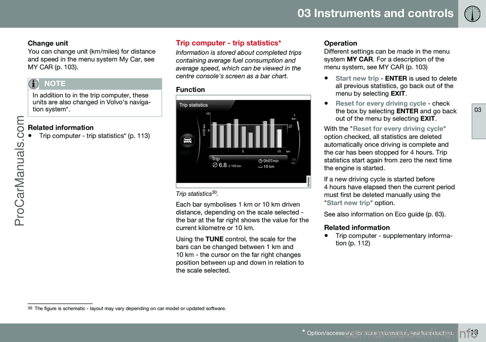 VOLVO V60 2014 Owners Manual 03 Instruments and controls
03
* Option/accessory, for more information, see Introduction.113
Change unitYou can change unit (km/miles) for distance and speed in the menu system My Car, seeMY CAR (p. VOLVO V60 2014 Owners Manual 03 Instruments and controls
03
* Option/accessory, for more information, see Introduction.113
Change unitYou can change unit (km/miles) for distance and speed in the menu system My Car, seeMY CAR (p.