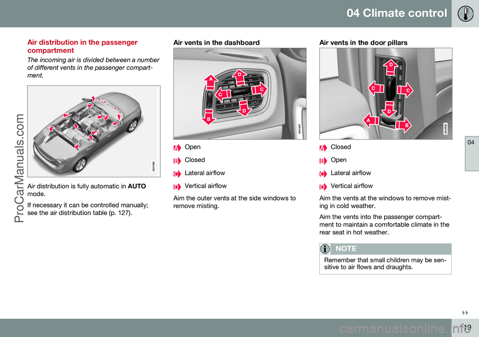 VOLVO V60 2014 Owners Manual 04 Climate control
04
}}
119
Air distribution in the passenger compartment
The incoming air is divided between a number of different vents in the passenger compart-ment.
Air distribution is fully auto VOLVO V60 2014 Owners Manual 04 Climate control
04
}}
119
Air distribution in the passenger compartment
The incoming air is divided between a number of different vents in the passenger compart-ment.
Air distribution is fully auto