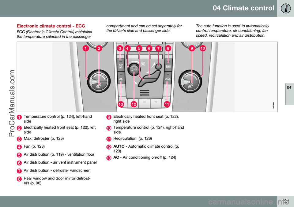 VOLVO V60 2014 Owners Manual 04 Climate control
04
121
Electronic climate control - ECC
ECC (Electronic Climate Control) maintains the temperature selected in the passengercompartment and can be set separately forthe driver's VOLVO V60 2014 Owners Manual 04 Climate control
04
121
Electronic climate control - ECC
ECC (Electronic Climate Control) maintains the temperature selected in the passengercompartment and can be set separately forthe driver's