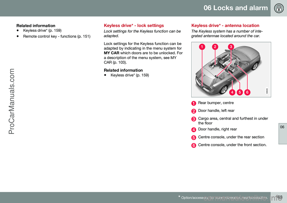 VOLVO V60 2014 Owners Manual 06 Locks and alarm
06
* Option/accessory, for more information, see Introduction.163
Related information
• Keyless drive* (p. 159)
• Remote control key - functions (p. 151)
Keyless drive* - lock s VOLVO V60 2014 Owners Manual 06 Locks and alarm
06
* Option/accessory, for more information, see Introduction.163
Related information
• Keyless drive* (p. 159)
• Remote control key - functions (p. 151)
Keyless drive* - lock s
