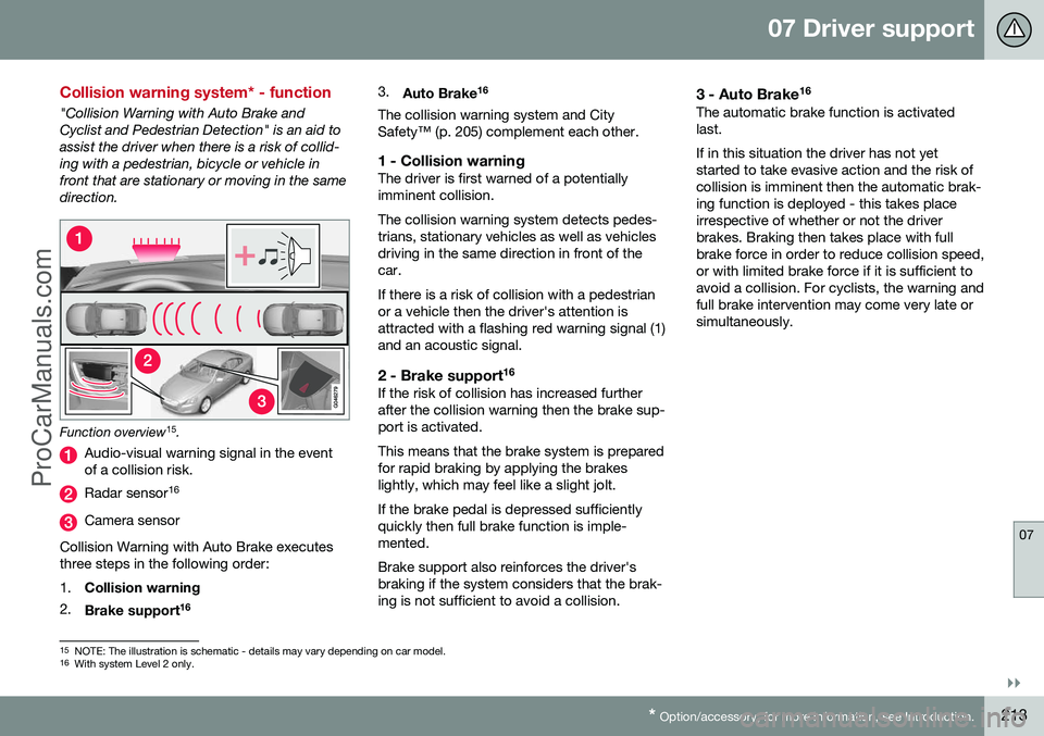 VOLVO V60 2014 Owners Guide 07 Driver support
07
}}
* Option/accessory, for more information, see Introduction.213
Collision warning system* - function
"Collision Warning with Auto Brake and Cyclist and Pedestrian Detection& VOLVO V60 2014 Owners Guide 07 Driver support
07
}}
* Option/accessory, for more information, see Introduction.213
Collision warning system* - function
"Collision Warning with Auto Brake and Cyclist and Pedestrian Detection&