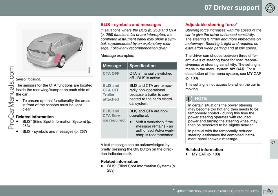VOLVO V60 2014 Repair Manual 07 Driver support
07
* Option/accessory, for more information, see Introduction.257
Sensor location.
The sensors for the CTA functions are located inside the rear wing/bumper on each side ofthe car.
â VOLVO V60 2014 Repair Manual 07 Driver support
07
* Option/accessory, for more information, see Introduction.257
Sensor location.
The sensors for the CTA functions are located inside the rear wing/bumper on each side ofthe car.
â