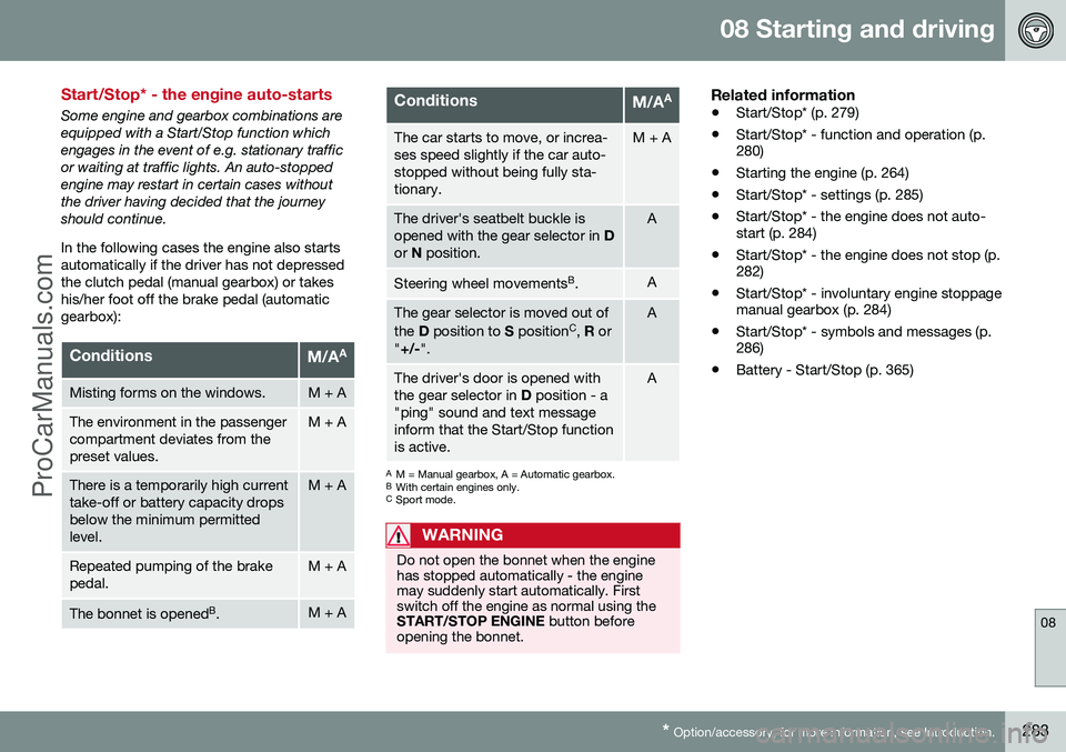 VOLVO V60 2014 Owners Manual 08 Starting and driving
08
* Option/accessory, for more information, see Introduction.283
Start/Stop* - the engine auto-starts
Some engine and gearbox combinations are equipped with a Start/Stop funct VOLVO V60 2014 Owners Manual 08 Starting and driving
08
* Option/accessory, for more information, see Introduction.283
Start/Stop* - the engine auto-starts
Some engine and gearbox combinations are equipped with a Start/Stop funct
