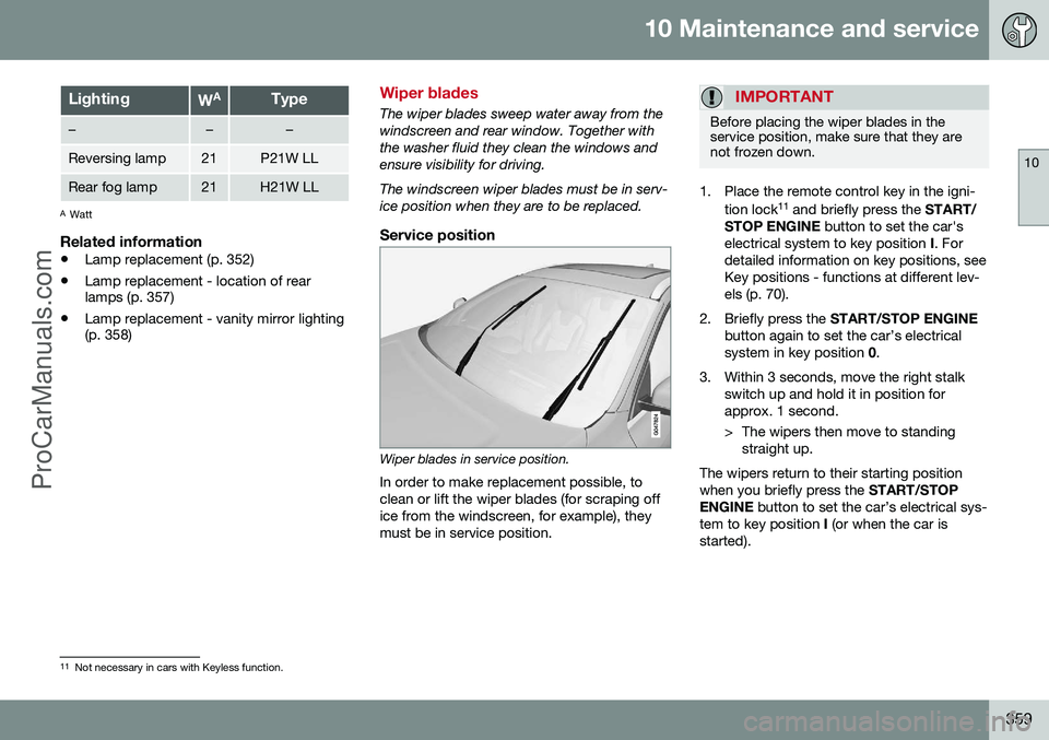 VOLVO V60 2014 Owners Manual 10 Maintenance and service
10
359
LightingWAType
–––
Reversing lamp21P21W LL
Rear fog lamp21H21W LL
A
Watt
Related information
• Lamp replacement (p. 352)
• Lamp replacement - location of re VOLVO V60 2014 Owners Manual 10 Maintenance and service
10
359
LightingWAType
–––
Reversing lamp21P21W LL
Rear fog lamp21H21W LL
A
Watt
Related information
• Lamp replacement (p. 352)
• Lamp replacement - location of re