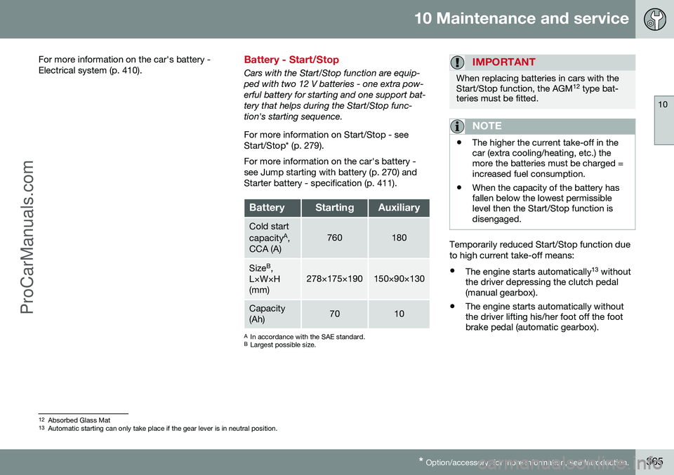 VOLVO V60 2014 Owners Manual 10 Maintenance and service
10
* Option/accessory, for more information, see Introduction.365
For more information on the car's battery - Electrical system (p. 410).
Battery - Start/Stop
Cars with VOLVO V60 2014 Owners Manual 10 Maintenance and service
10
* Option/accessory, for more information, see Introduction.365
For more information on the car's battery - Electrical system (p. 410).
Battery - Start/Stop
Cars with