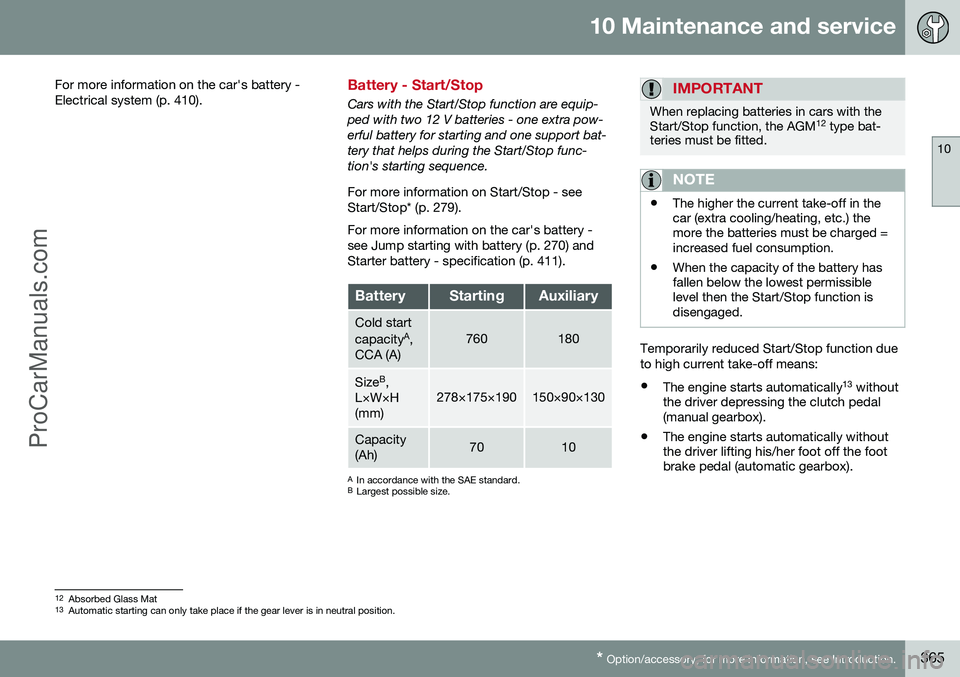 VOLVO V60 2014  Owners Manual 10 Maintenance and service
10
* Option/accessory, for more information, see Introduction.365
For more information on the car's battery - Electrical system (p. 410).
Battery - Start/Stop
Cars with 