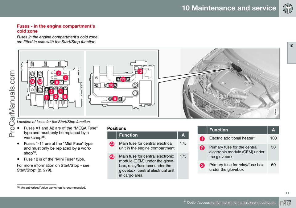 VOLVO V60 2014 Owners Manual 10 Maintenance and service
10
}}
* Option/accessory, for more information, see Introduction.377
Fuses - in the engine compartment's cold zone
Fuses in the engine compartment's cold zone are fi VOLVO V60 2014 Owners Manual 10 Maintenance and service
10
}}
* Option/accessory, for more information, see Introduction.377
Fuses - in the engine compartment's cold zone
Fuses in the engine compartment's cold zone are fi