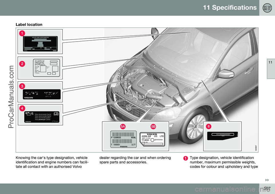 VOLVO V60 2014 Owners Manual 11 Specifications
11
}}
387
Label location
Knowing the car's type designation, vehicle identification and engine numbers can facili-tate all contact with an authorised Volvodealer regarding the ca VOLVO V60 2014 Owners Manual 11 Specifications
11
}}
387
Label location
Knowing the car's type designation, vehicle identification and engine numbers can facili-tate all contact with an authorised Volvodealer regarding the ca