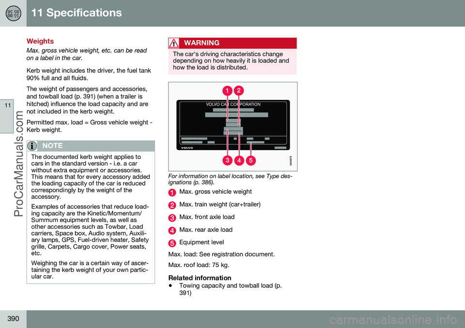 VOLVO V60 2014  Owners Manual 11 Specifications
11
390
Weights
Max. gross vehicle weight, etc. can be read on a label in the car. Kerb weight includes the driver, the fuel tank 90% full and all fluids. The weight of passengers and