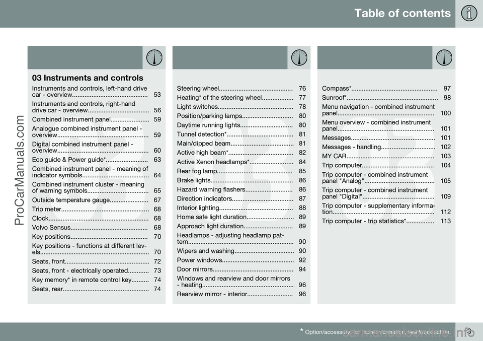 VOLVO V60 2014 Owners Manual Table of contents
* Option/accessory, for more information, see Introduction.3
03
03 Instruments and controls
Instruments and controls, left-hand drive
car - overview................................. VOLVO V60 2014 Owners Manual Table of contents
* Option/accessory, for more information, see Introduction.3
03
03 Instruments and controls
Instruments and controls, left-hand drive
car - overview.................................