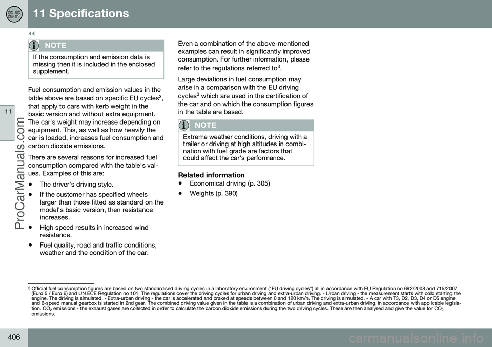 VOLVO V60 2014  Owners Manual ||
11 Specifications
11
406
NOTE
If the consumption and emission data is missing then it is included in the enclosedsupplement.
Fuel consumption and emission values in the table above are based on spe
