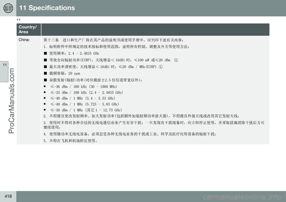 VOLVO V60 2014  Owners Manual ||
11 Specifications
11
418
Country/ Area
China:第十三条
