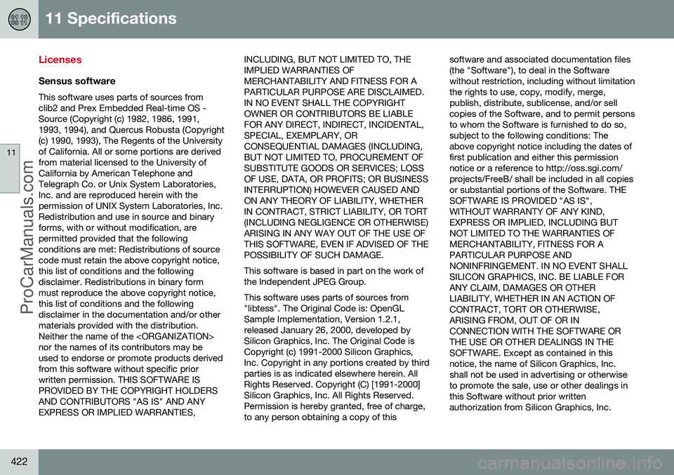 VOLVO V60 2014  Owners Manual 11 Specifications
11
422
Licenses
Sensus software
This software uses parts of sources from clib2 and Prex Embedded Real-time OS -Source (Copyright (c) 1982, 1986, 1991,1993, 1994), and Quercus Robusta