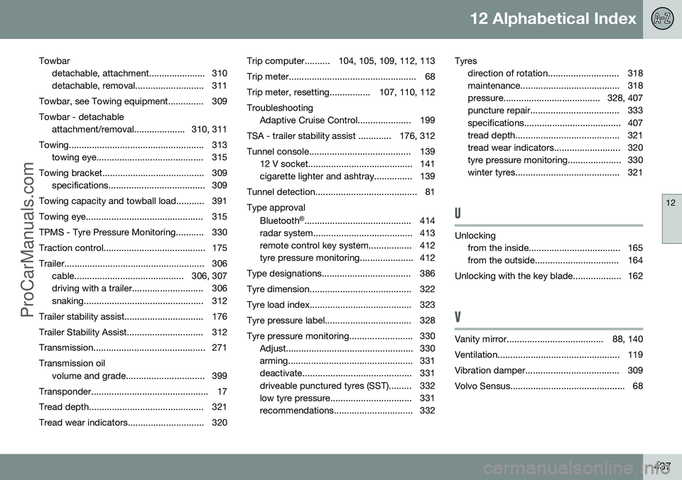 VOLVO V60 2014  Owners Manual 12 Alphabetical Index
12
437
Towbar
detachable, attachment...................... 310 
detachable, removal........................... 311
Towbar, see Towing equipment.............. 309 Towbar - detacha