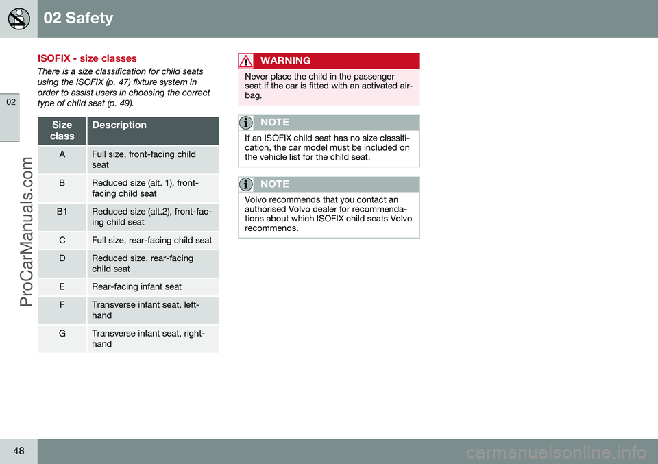 VOLVO V60 2014 Service Manual 02 Safety
02
48
ISOFIX - size classes
There is a size classification for child seats using the ISOFIX (p. 47) fixture system inorder to assist users in choosing the correcttype of child seat (p. 49).
VOLVO V60 2014 Service Manual 02 Safety
02
48
ISOFIX - size classes
There is a size classification for child seats using the ISOFIX (p. 47) fixture system inorder to assist users in choosing the correcttype of child seat (p. 49).