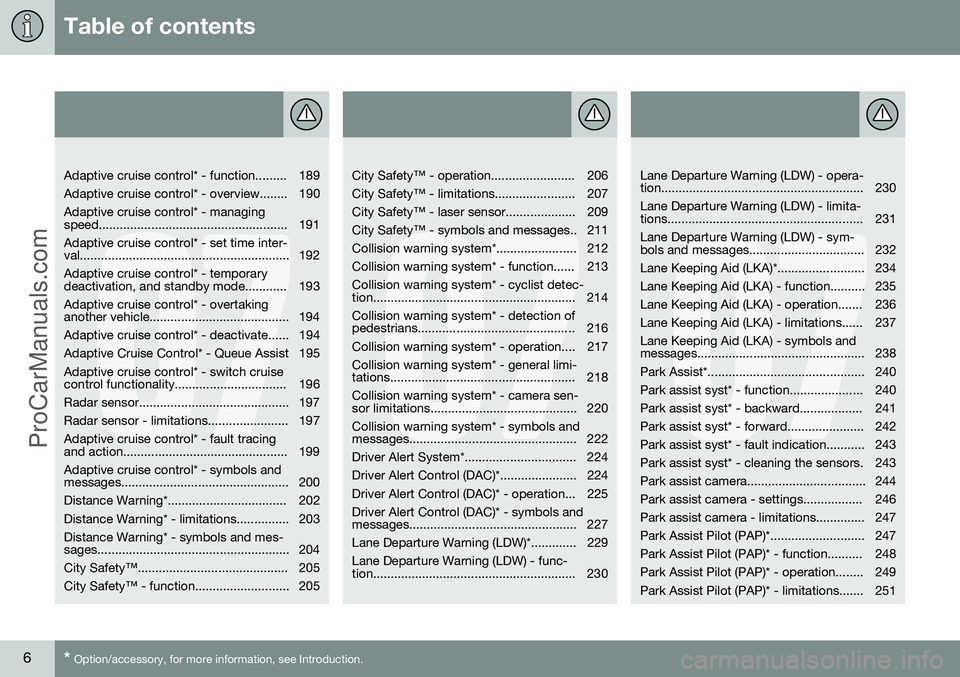 VOLVO V60 2014 Owners Manual Table of contents
6* Option/accessory, for more information, see Introduction.
07
Adaptive cruise control* - function......... 189
Adaptive cruise control* - overview........ 190Adaptive cruise c VOLVO V60 2014 Owners Manual Table of contents
6* Option/accessory, for more information, see Introduction.
07
Adaptive cruise control* - function......... 189
Adaptive cruise control* - overview........ 190Adaptive cruise c