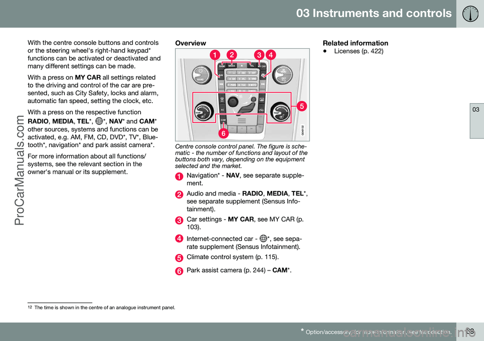 VOLVO V60 2014 Owners Manual 03 Instruments and controls
03
* Option/accessory, for more information, see Introduction.69
With the centre console buttons and controls or the steering wheel's right-hand keypad*functions can be VOLVO V60 2014 Owners Manual 03 Instruments and controls
03
* Option/accessory, for more information, see Introduction.69
With the centre console buttons and controls or the steering wheel's right-hand keypad*functions can be