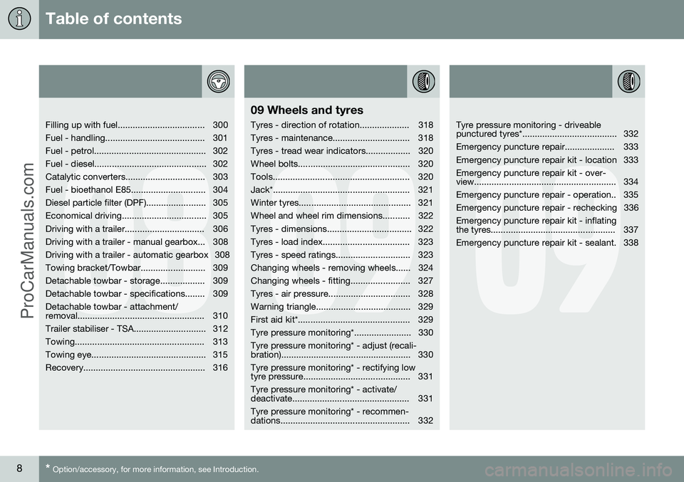 VOLVO V60 2014  Owners Manual Table of contents
8* Option/accessory, for more information, see Introduction.
08
   
Filling up with fuel................................... 300 
Fuel - handling......................................