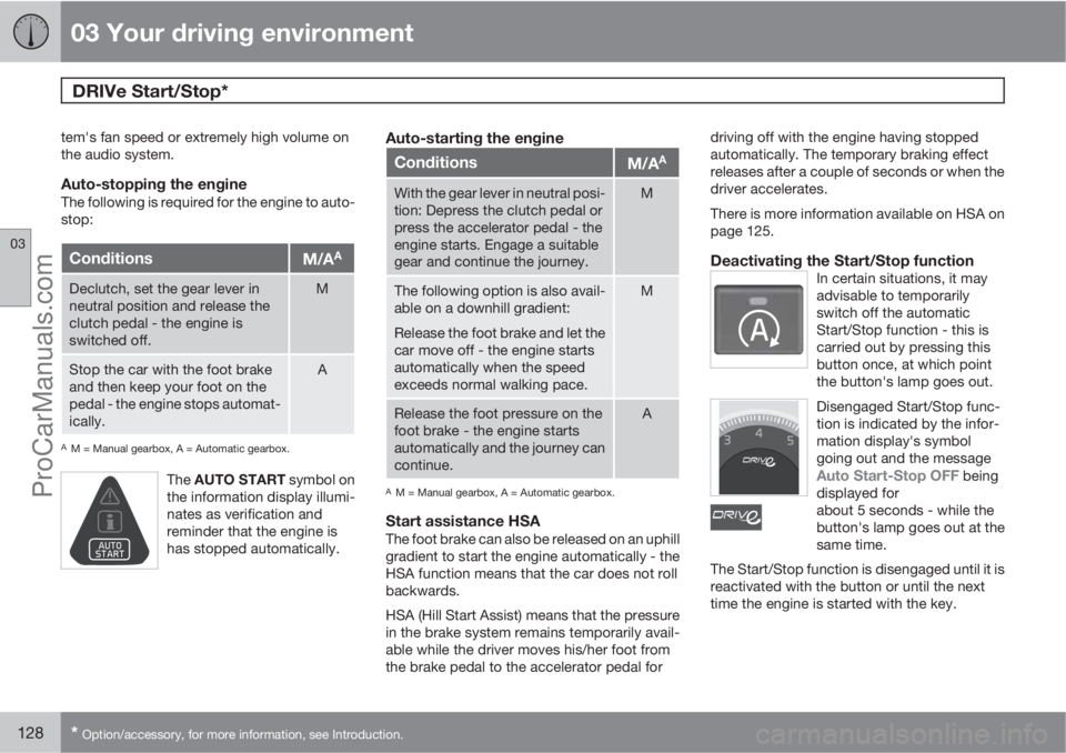 VOLVO V60 2013  Owners Manual 03 Your driving environment
DRIVe Start/Stop* 
03
128* Option/accessory, for more information, see Introduction.
tem's fan speed or extremely high volume on
the audio system.
Auto-stopping the eng