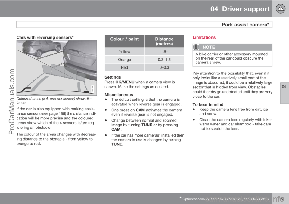 VOLVO V60 2013  Owners Manual 04  Driver support
 Park assist camera*
04
* Option/accessory, for more information, see Introduction.193
Cars with reversing sensors*
Coloured areas (x 4, one per sensor) show dis-
tance.
If the car 