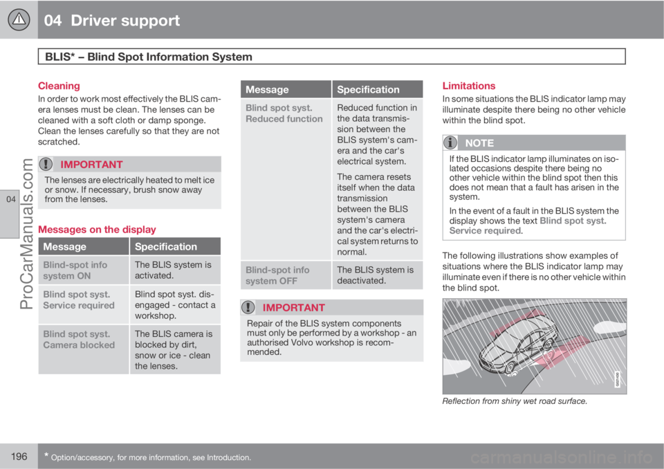 VOLVO V60 2013  Owners Manual 04  Driver support
BLIS* – Blind Spot Information System 
04
196* Option/accessory, for more information, see Introduction.
Cleaning
In order to work most effectively the BLIS cam-
era lenses must b