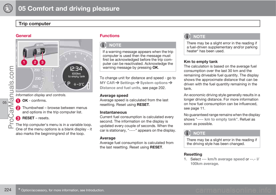 VOLVO V60 2013  Owners Manual 05 Comfort and driving pleasure
Trip computer 
05
224* Option/accessory, for more information, see Introduction.
General
Information display and controls.
OK - confirms.
Thumbwheel – browse between 