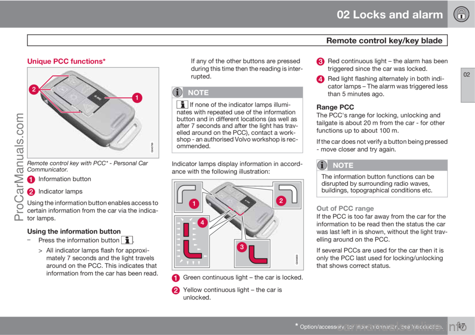 VOLVO V60 2013 Service Manual 02 Locks and alarm
 Remote control key/key blade
02
* Option/accessory, for more information, see Introduction.47 Unique PCC functions*
Remote control key with PCC* - Personal Car
Communicator.
Inform