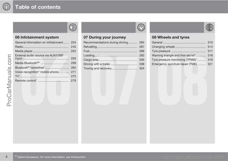 VOLVO V60 2013  Owners Manual Table of contents
4* Option/accessory, for more information, see Introduction.
06
06 Infotainment system
General information on infotainment...... 234
Radio............................................