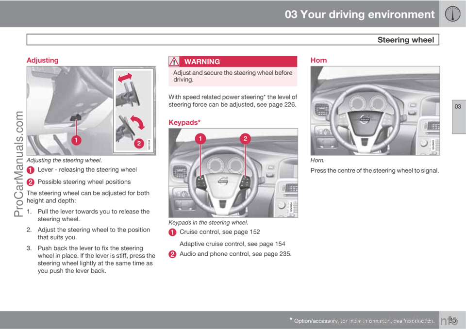 VOLVO V60 2013 Manual Online 03 Your driving environment
 Steering wheel
03
* Option/accessory, for more information, see Introduction.85 Adjusting
G021138
Adjusting the steering wheel.
Lever - releasing the steering wheel
Possib