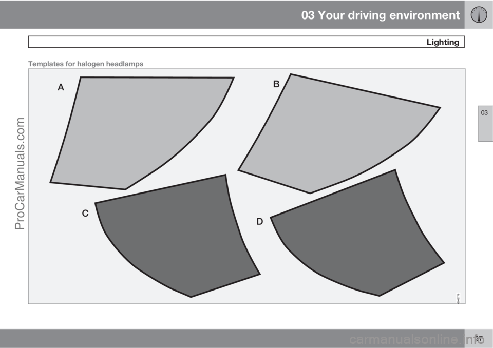 VOLVO V60 2013  Owners Manual 03 Your driving environment
 Lighting
03
97
Templates for halogen headlamps
ProCarManuals.com 