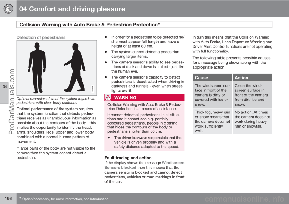 VOLVO V60 2012  Owners Manual 04 Comfort and driving pleasure
Collision Warning with Auto Brake & Pedestrian Protection* 
04
196* Option/accessory, for more information, see Introduction.
Detection of pedestrians
Optimal examples 