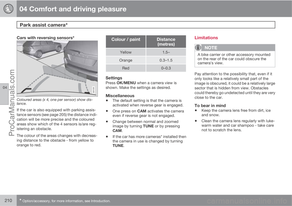 VOLVO V60 2012 Owners Manual 04 Comfort and driving pleasure
Park assist camera*
04
210* Option/accessory, for more information, see Introduction.
Cars with reversing sensors*
Coloured areas (x 4, one per sensor) show dis-
tance VOLVO V60 2012 Owners Manual 04 Comfort and driving pleasure
Park assist camera*
04
210* Option/accessory, for more information, see Introduction.
Cars with reversing sensors*
Coloured areas (x 4, one per sensor) show dis-
tance