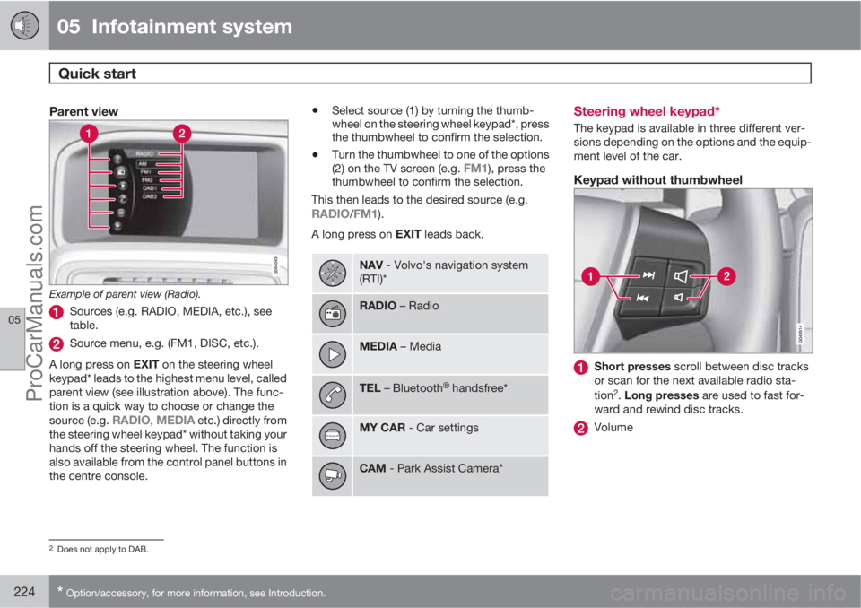 VOLVO V60 2012  Owners Manual 05  Infotainment system
Quick start 
05
224* Option/accessory, for more information, see Introduction.
Parent view
Example of parent view (Radio).
Sources (e.g. RADIO, MEDIA, etc.), see
table.
Source 