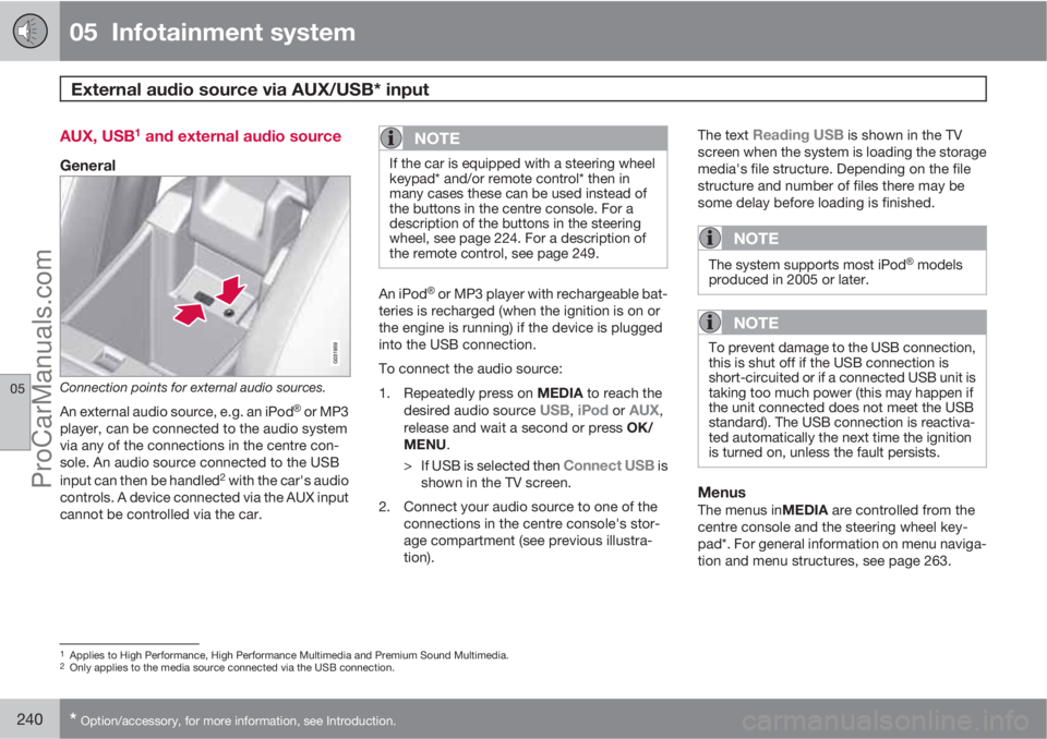 VOLVO V60 2012 Owners Manual 05 Infotainment system
External audio source via AUX/USB* input
05
240* Option/accessory, for more information, see Introduction.
AUX, USB1 and external audio source
General
Connection points for ex VOLVO V60 2012 Owners Manual 05 Infotainment system
External audio source via AUX/USB* input
05
240* Option/accessory, for more information, see Introduction.
AUX, USB1 and external audio source
General
Connection points for ex