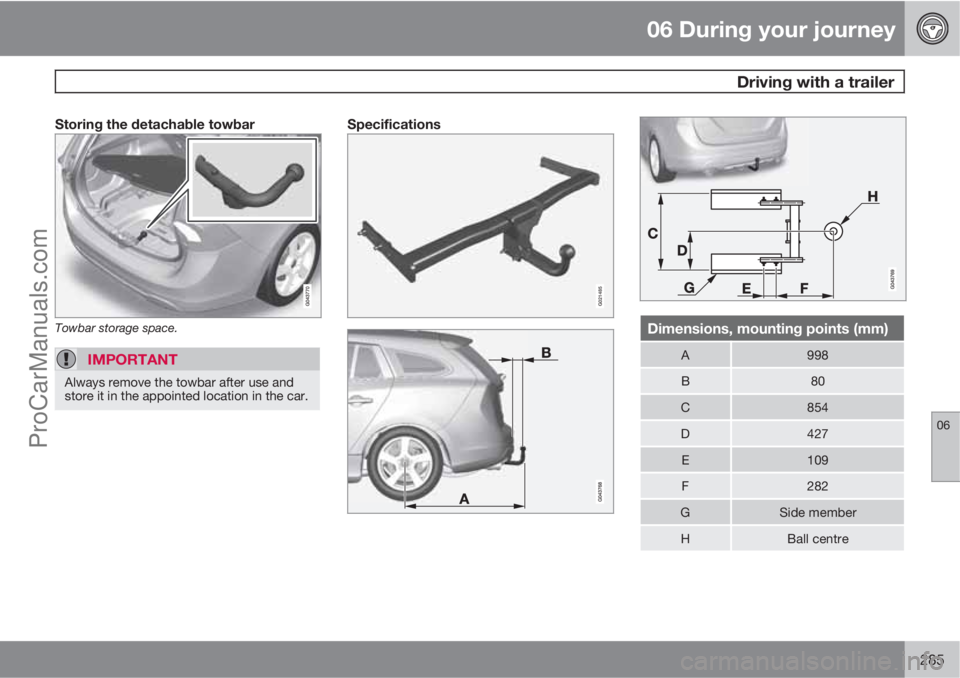 VOLVO V60 2012 Owners Manual 06 During your journey
Driving with a trailer
06
285
Storing the detachable towbar
Towbar storage space.
IMPORTANT
Always remove the towbar after use and
store it in the appointed location in the car VOLVO V60 2012 Owners Manual 06 During your journey
Driving with a trailer
06
285
Storing the detachable towbar
Towbar storage space.
IMPORTANT
Always remove the towbar after use and
store it in the appointed location in the car