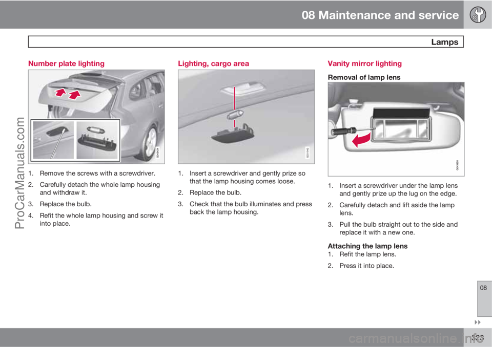 VOLVO V60 2012  Owners Manual 08 Maintenance and service
 Lamps
08

323 Number plate lighting
1. Remove the screws with a screwdriver.
2. Carefully detach the whole lamp housing
and withdraw it.
3. Replace the bulb.
4. Refit the