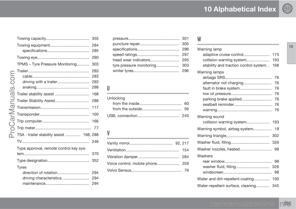 VOLVO V60 2012 Manual PDF 10 Alphabetical Index
10
395
Towing capacity....................................... 355
Towing equipment................................... 284
specifications...................................... 285