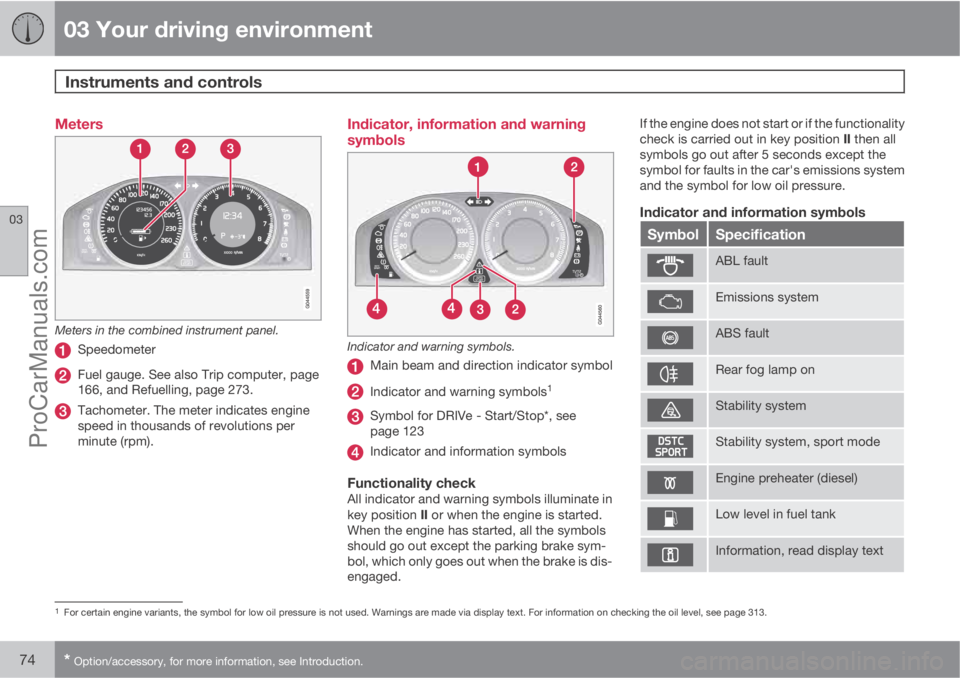 VOLVO V60 2012 Manual PDF 03 Your driving environment
Instruments and controls 
03
74* Option/accessory, for more information, see Introduction.
Meters
Meters in the combined instrument panel.
Speedometer
Fuel gauge. See also 