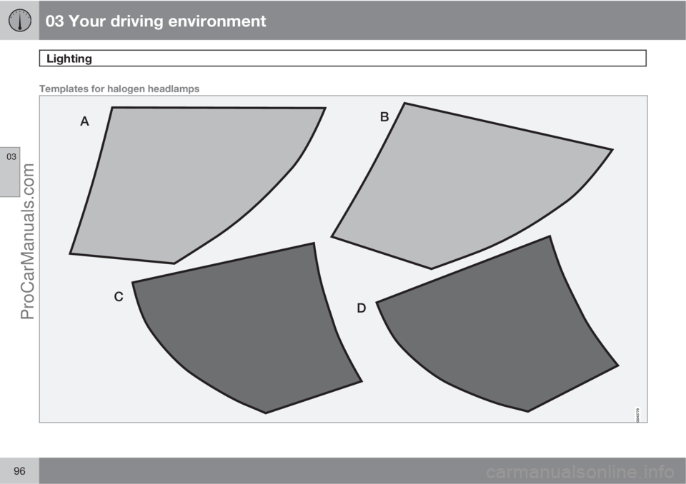 VOLVO V60 2012  Owners Manual 03 Your driving environment
Lighting 
03
96
Templates for halogen headlamps
ProCarManuals.com 