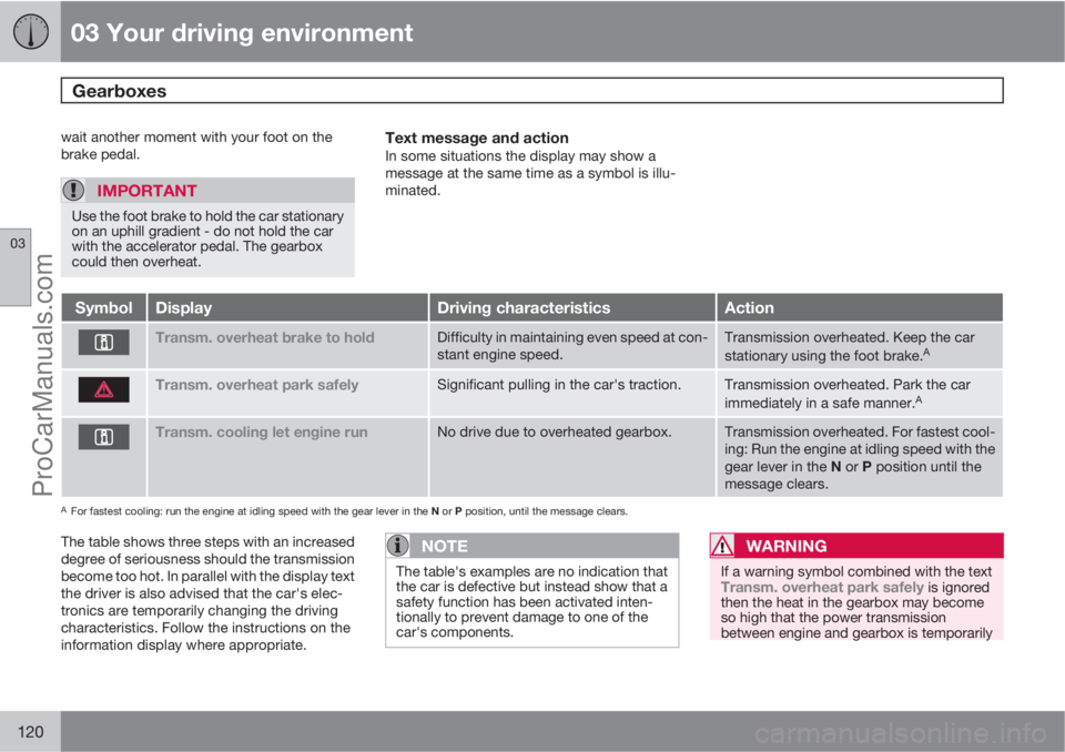 VOLVO V60 2011  Owners Manual 03 Your driving environment
Gearboxes 
03
120
wait another moment with your foot on the
brake pedal.
IMPORTANT
Use the foot brake to hold the car stationary
on an uphill gradient - do not hold the car