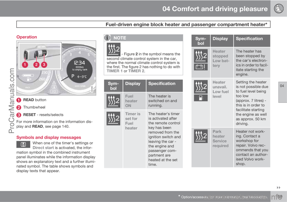 VOLVO V60 2011  Owners Manual 04 Comfort and driving pleasure
 Fuel-driven engine block heater and passenger compartment heater*
04

* Option/accessory, for more information, see Introduction.159 Operation
READ button
Thumbwheel