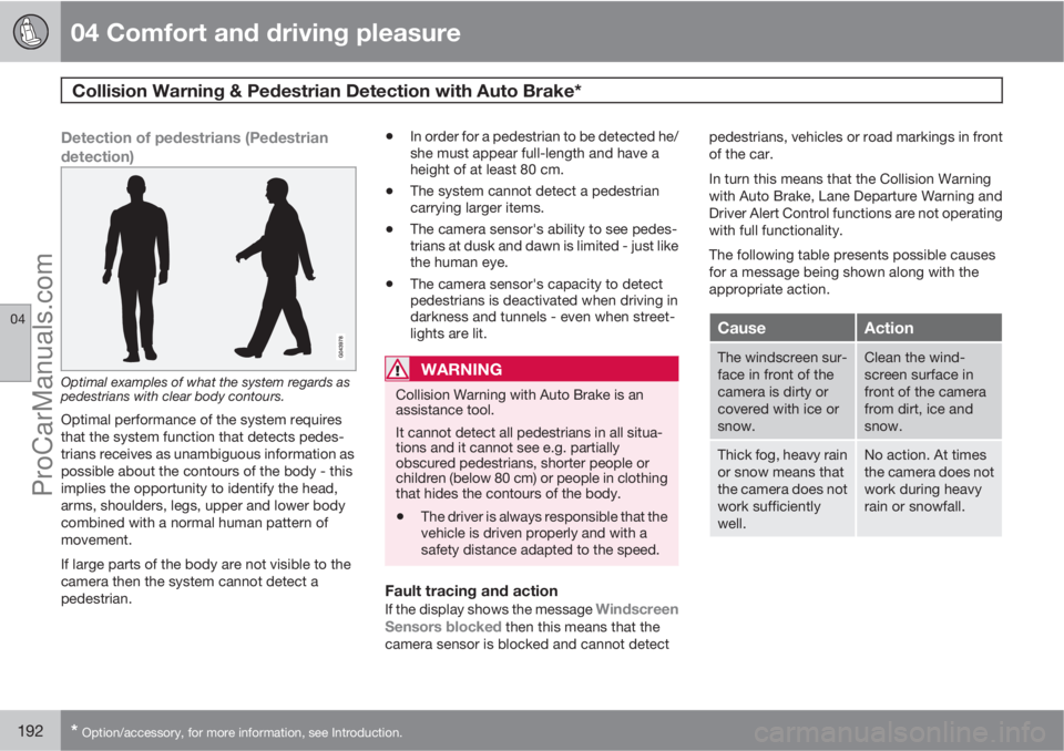 VOLVO V60 2011  Owners Manual 04 Comfort and driving pleasure
Collision Warning & Pedestrian Detection with Auto Brake* 
04
192* Option/accessory, for more information, see Introduction.
Detection of pedestrians (Pedestrian
detect