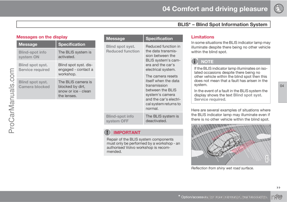 VOLVO V60 2011  Owners Manual 04 Comfort and driving pleasure
 BLIS* – Blind Spot Information System
04

* Option/accessory, for more information, see Introduction.209 Messages on the display
MessageSpecification
Blind-spot in