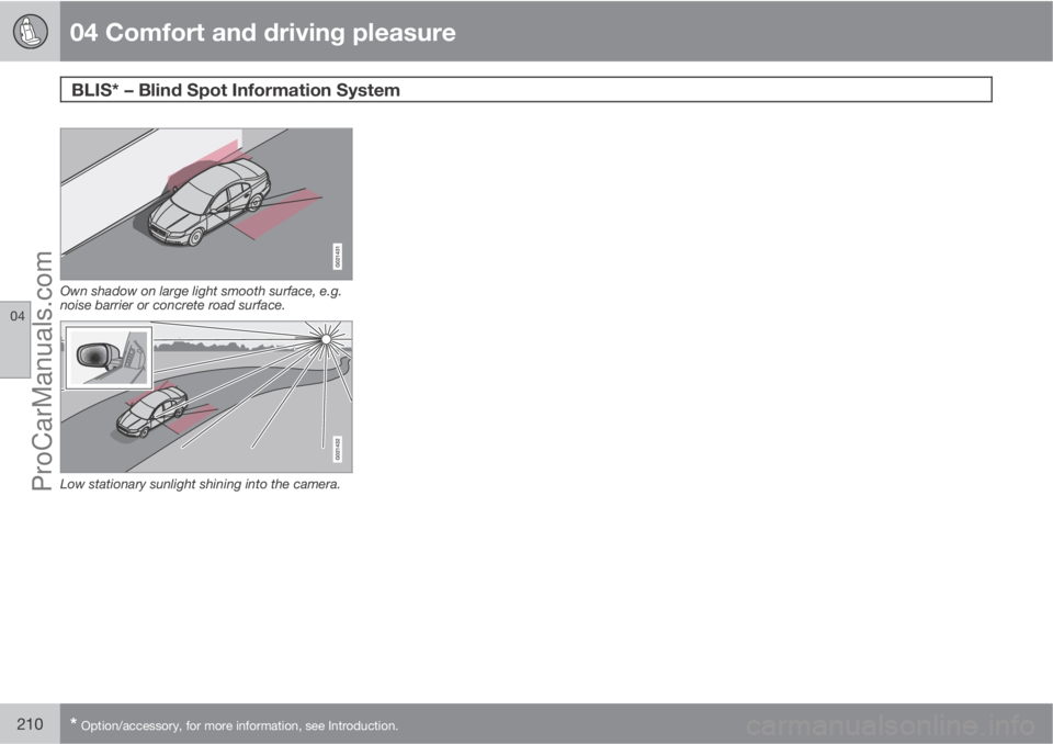 VOLVO V60 2011  Owners Manual 04 Comfort and driving pleasure
BLIS* – Blind Spot Information System 
04
210* Option/accessory, for more information, see Introduction.
Own shadow on large light smooth surface, e.g.
noise barrier 
