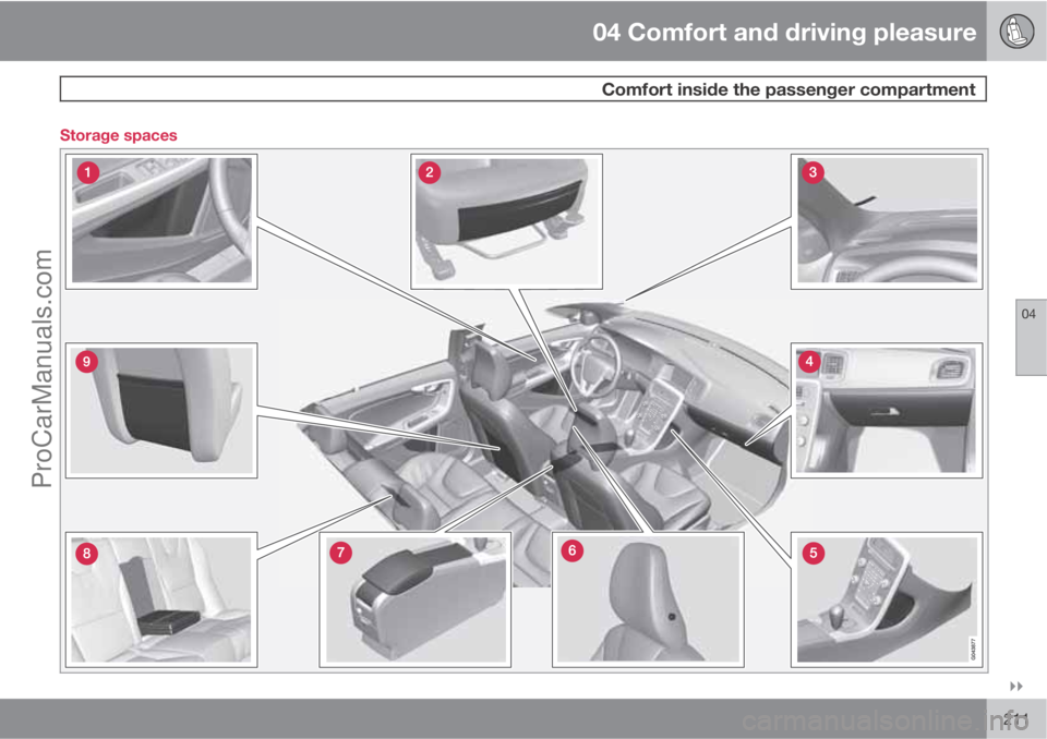 VOLVO V60 2011  Owners Manual 04 Comfort and driving pleasure
 Comfort inside the passenger compartment
04

211 Storage spacesProCarManuals.com 