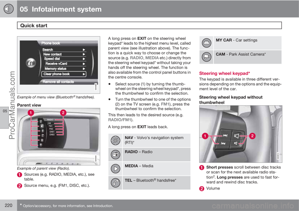 VOLVO V60 2011  Owners Manual 05  Infotainment system
Quick start 
05
220* Option/accessory, for more information, see Introduction.
Example of menu view (Bluetooth�Ÿ handsfree).
Parent view
Example of parent view (Radio).
Source