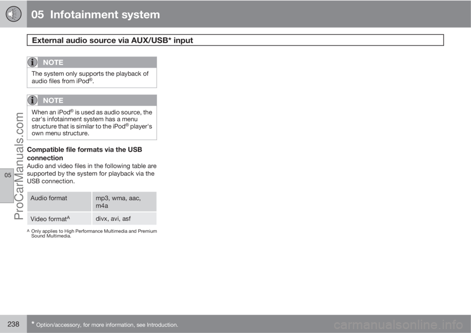 VOLVO V60 2011  Owners Manual 05  Infotainment system
External audio source via AUX/USB* input 
05
238* Option/accessory, for more information, see Introduction.
NOTE
The system only supports the playback of
audio files from iPod�