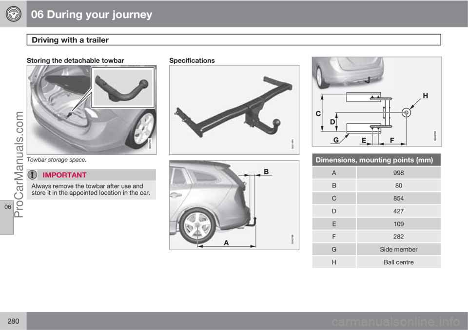 VOLVO V60 2011  Owners Manual 06 During your journey
Driving with a trailer 
06
280
Storing the detachable towbar
Towbar storage space.
IMPORTANT
Always remove the towbar after use and
store it in the appointed location in the car