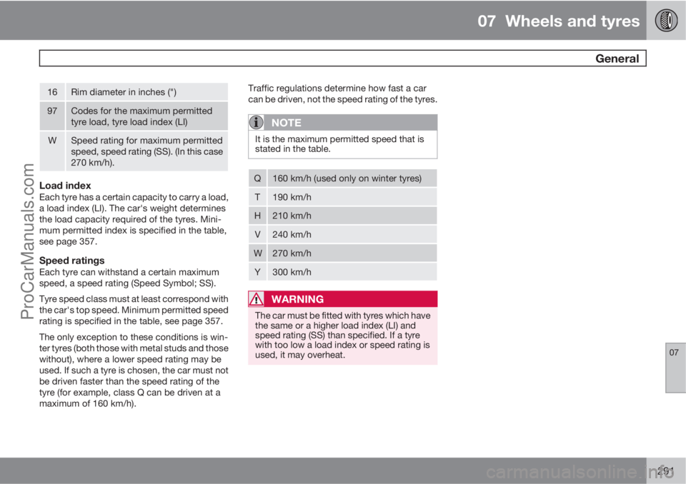 VOLVO V60 2011  Owners Manual 07  Wheels and tyres
 General
07
291
16Rim diameter in inches (")
97Codes for the maximum permitted
tyre load, tyre load index (LI)
WSpeed rating for maximum permitted
speed, speed rating (SS). (I