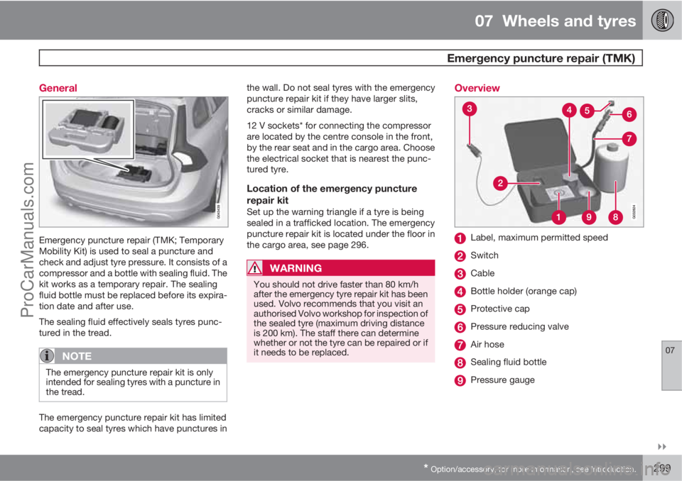 VOLVO V60 2011  Owners Manual 07  Wheels and tyres
  Emergency puncture repair (TMK)
07

* Option/accessory, for more information, see Introduction.299 General
Emergency puncture repair (TMK; Temporary
Mobility Kit) is used to s